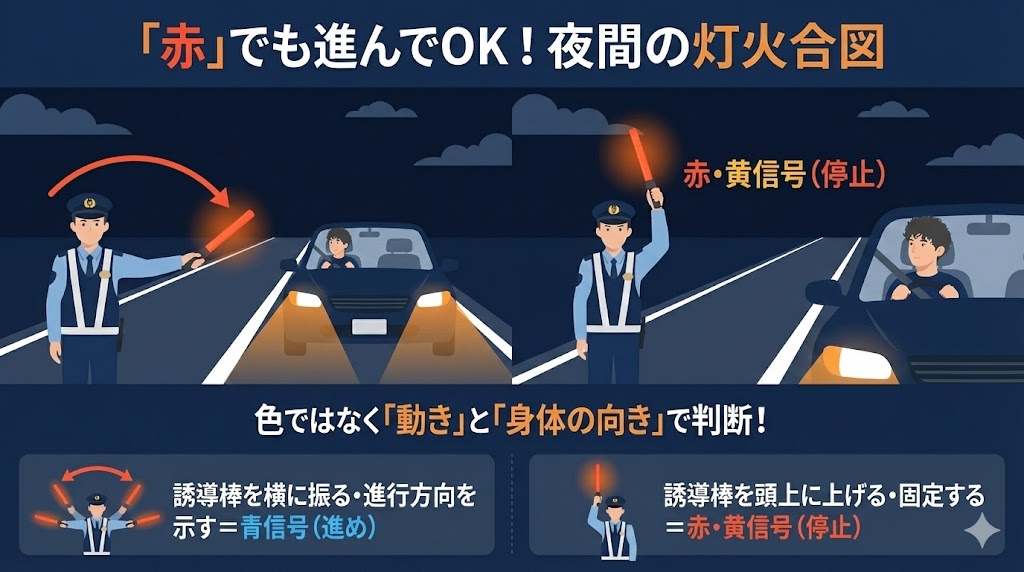 夜間・視界不良時の「灯火」による手信号